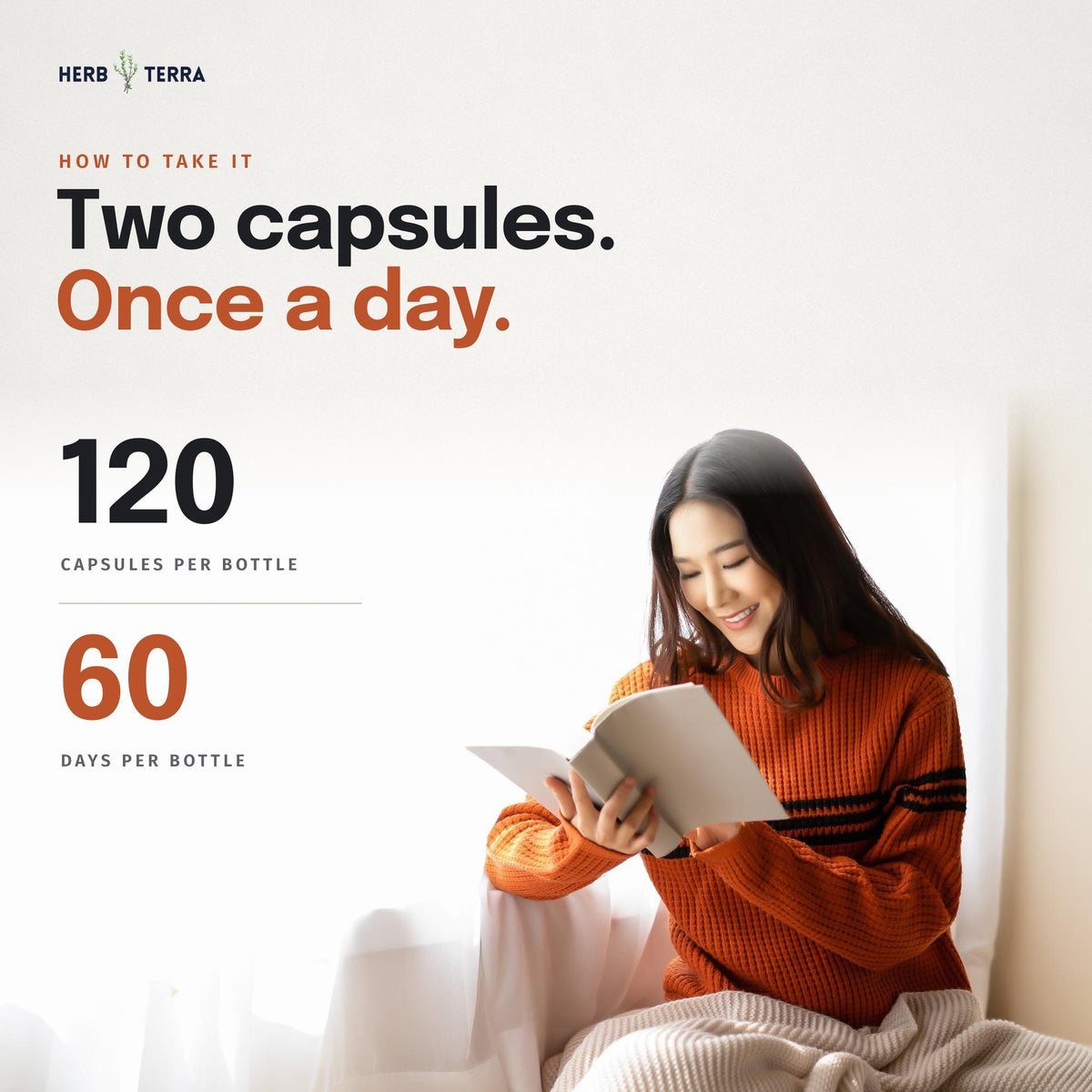 Herb Terra Lion's Mane Mushroom, 120 Veg Capsules: how to take, two capsules once a day, woman reading on a sofa