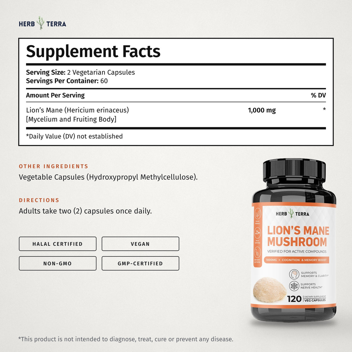 Herb Terra Lion's Mane Mushroom, 120 Veg Capsules: supplement facts panel with other ingredients and directions