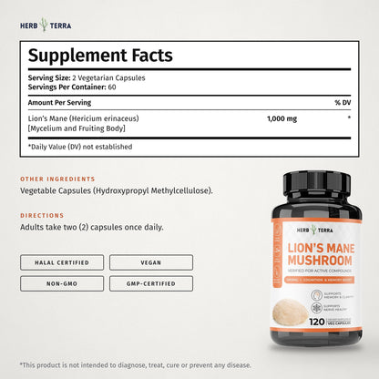 Herb Terra Lion's Mane Mushroom, 120 Veg Capsules: supplement facts panel with other ingredients and directions