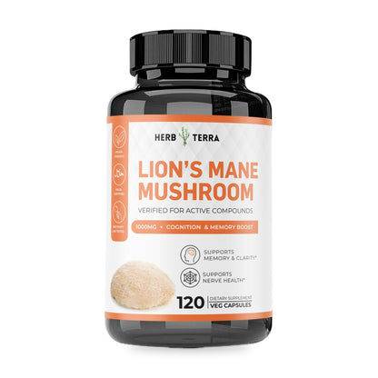 Herb Terra Lion's Mane Mushroom, 120 Veg Capsules: bottle front on white background