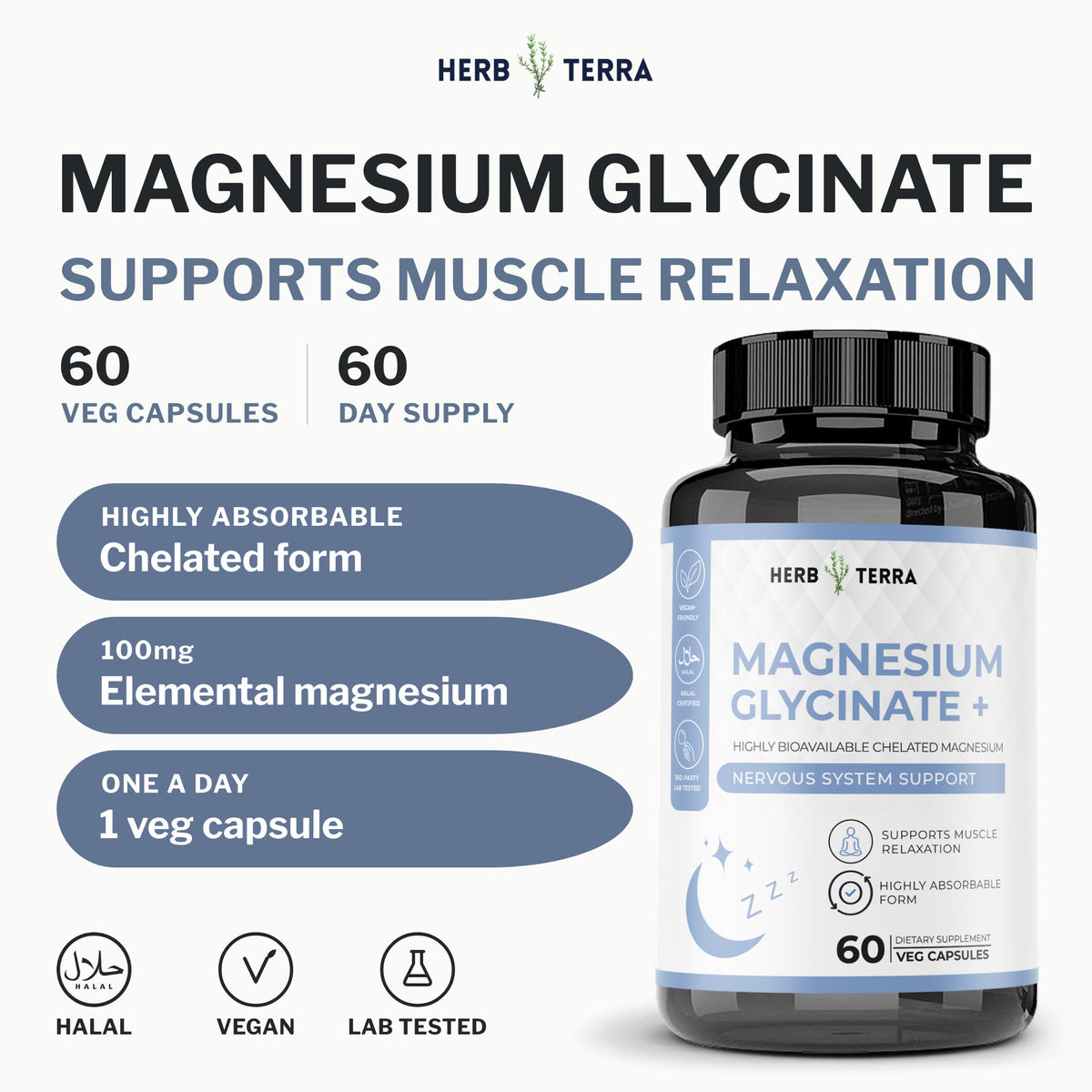 Herb Terra Magnesium Glycinate+, 60 Veg Capsules: bottle front with 100 mg elemental magnesium and halal badge