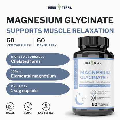 Herb Terra Magnesium Glycinate+, 60 Veg Capsules: bottle front with 100 mg elemental magnesium and halal badge