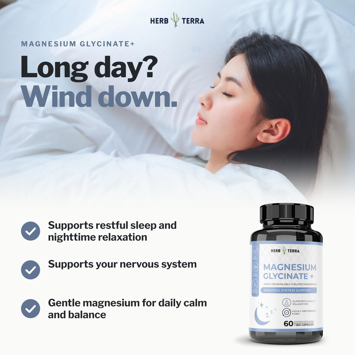 Herb Terra Magnesium Glycinate+, 60 Veg Capsules: wind down, restful sleep and relaxation support