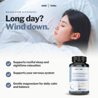 Herb Terra Magnesium Glycinate+, 60 Veg Capsules: wind down, restful sleep and relaxation support