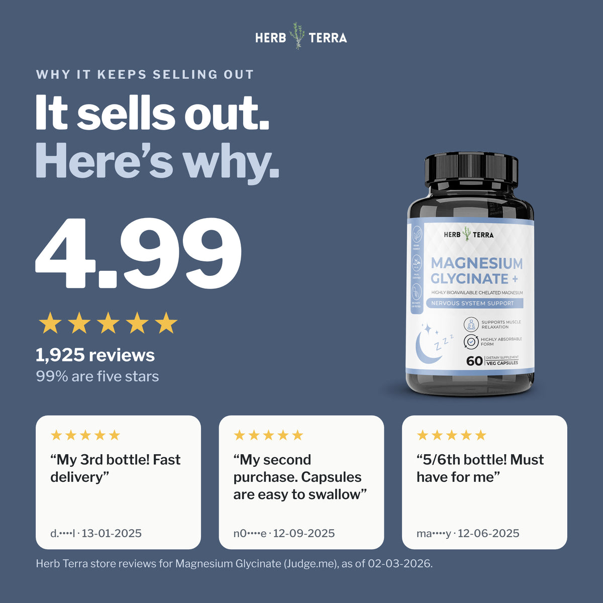 Herb Terra Magnesium Glycinate+, 60 Veg Capsules: customer rating and reviews