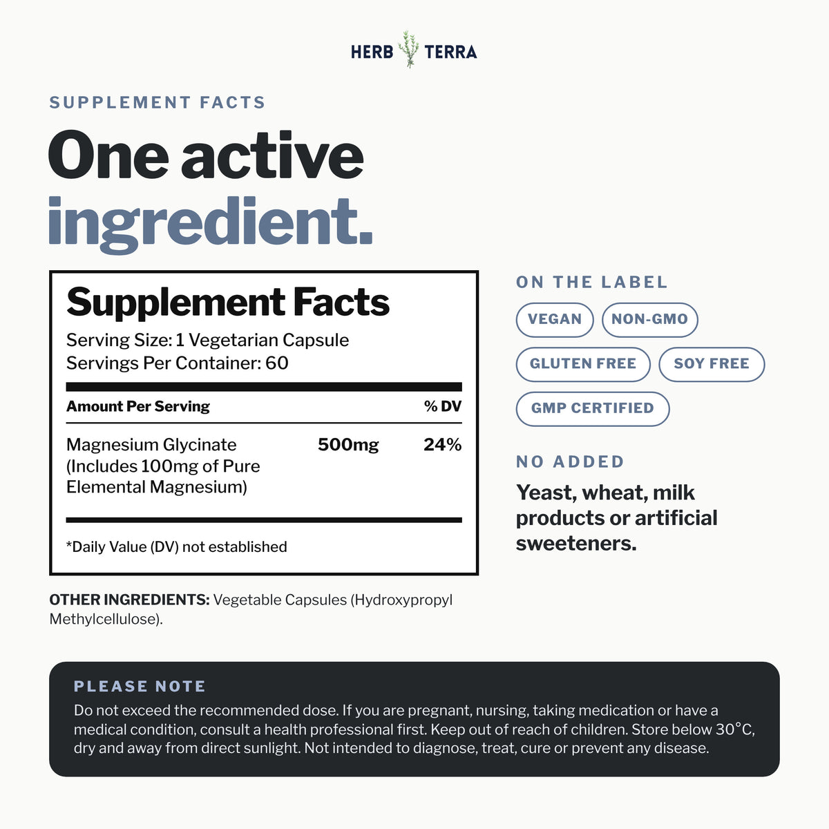Herb Terra Magnesium Glycinate+, 60 Veg Capsules: supplement facts panel