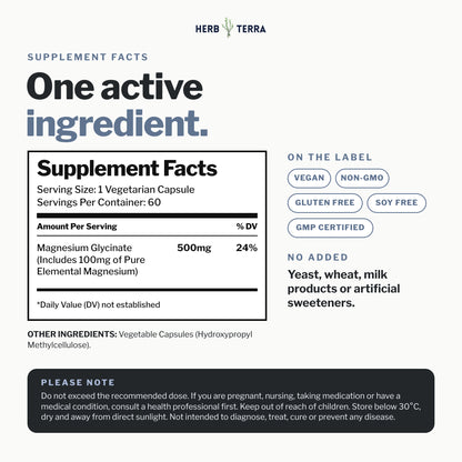 Herb Terra Magnesium Glycinate+, 60 Veg Capsules: supplement facts panel