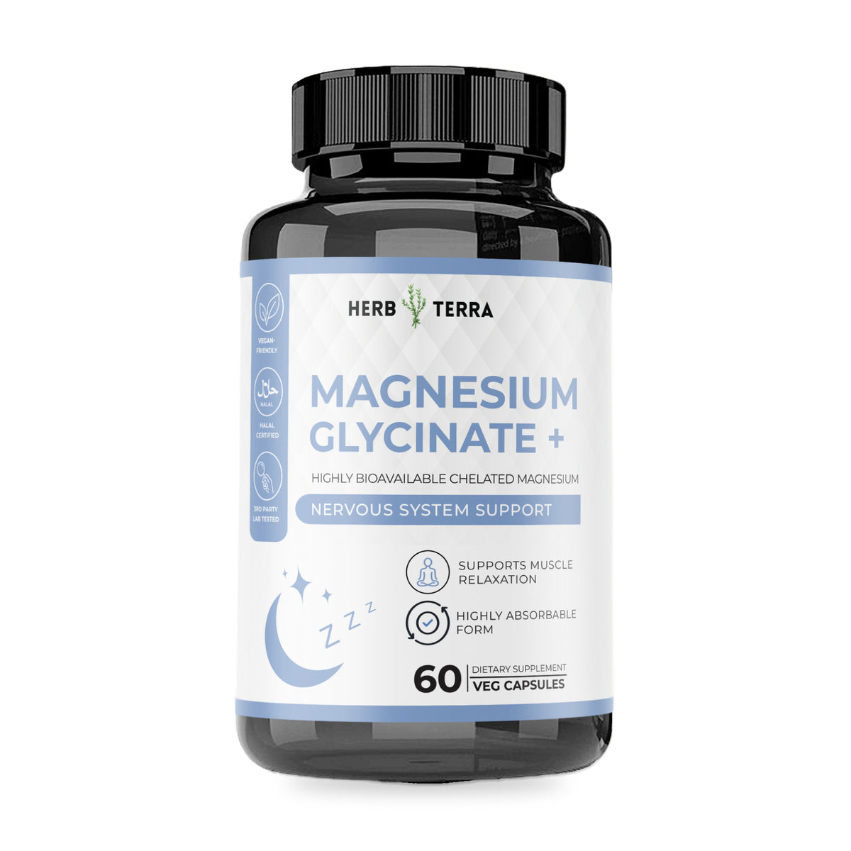 Herb Terra Magnesium Glycinate+, 60 Veg Capsules: bottle front on white background