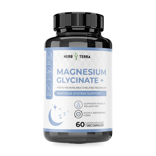 Herb Terra Magnesium Glycinate+, 60 Veg Capsules: bottle front on white background