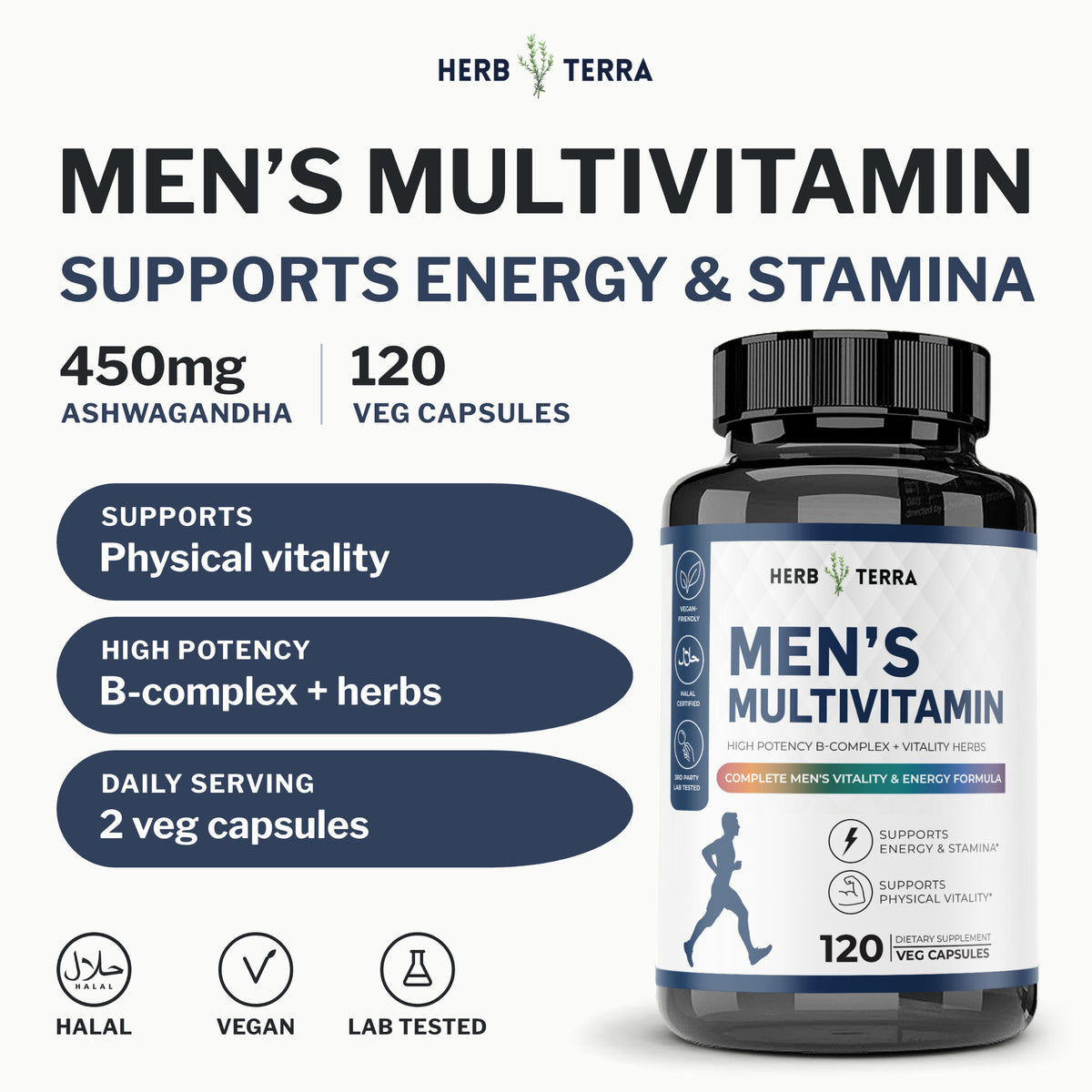 Herb Terra Men's Multivitamin, 120 Veg Capsules: front of bottle with 450 mg ashwagandha and halal, vegan, lab tested badges