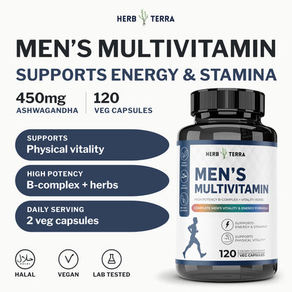 Herb Terra Men's Multivitamin, 120 Veg Capsules: front of bottle with 450 mg ashwagandha and halal, vegan, lab tested badges