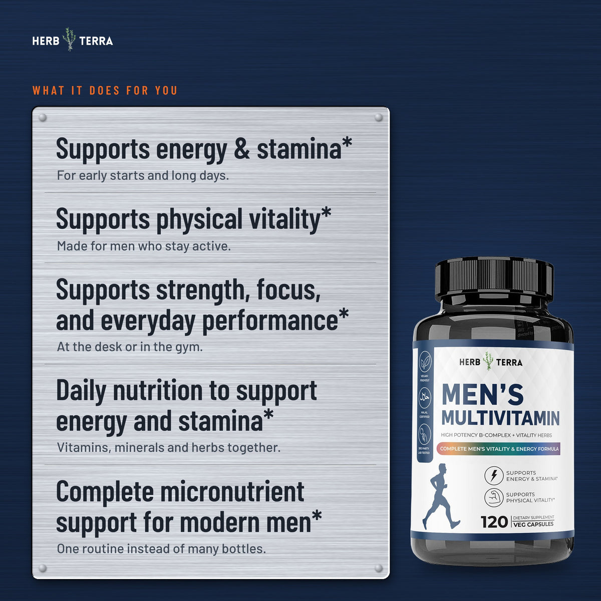 Herb Terra Men's Multivitamin, 120 Veg Capsules: what it does panel with bottle on navy background