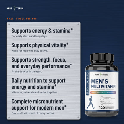 Herb Terra Men's Multivitamin, 120 Veg Capsules: what it does panel with bottle on navy background