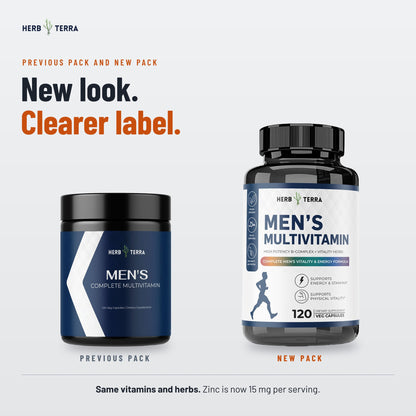 Herb Terra Men's Multivitamin, 120 Veg Capsules: previous pack and new pack side by side, same vitamins and herbs