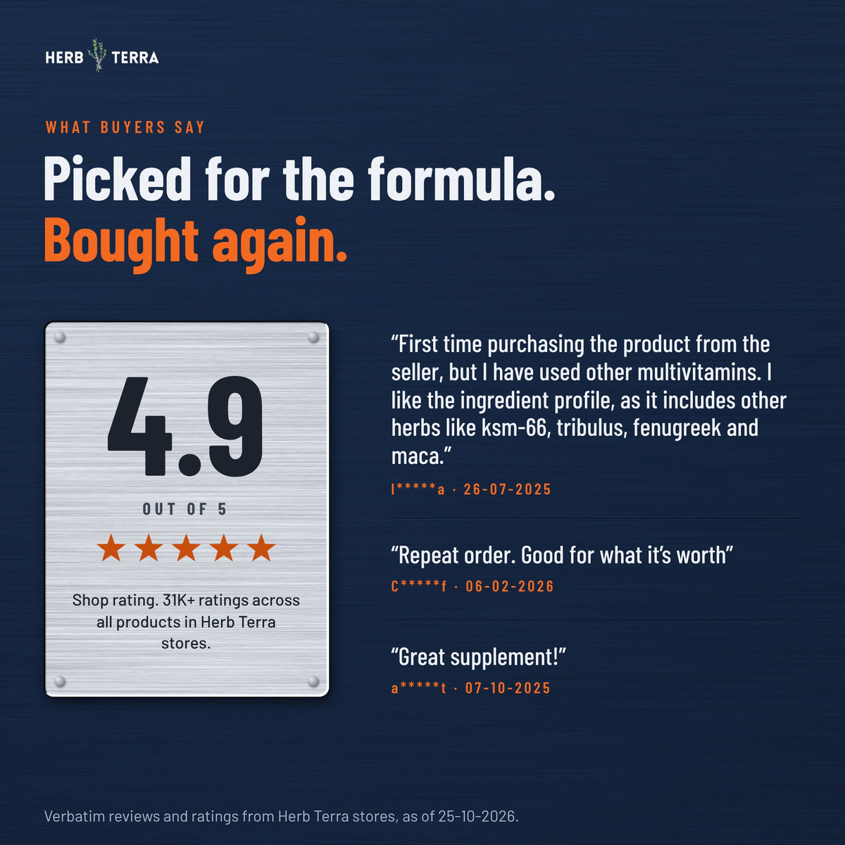 Herb Terra Men's Multivitamin, 120 Veg Capsules: buyer reviews panel on navy background