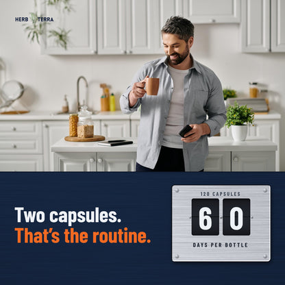 Herb Terra Men's Multivitamin, 120 Veg Capsules: man with a mug in a kitchen, two capsules a day, 60 days per bottle