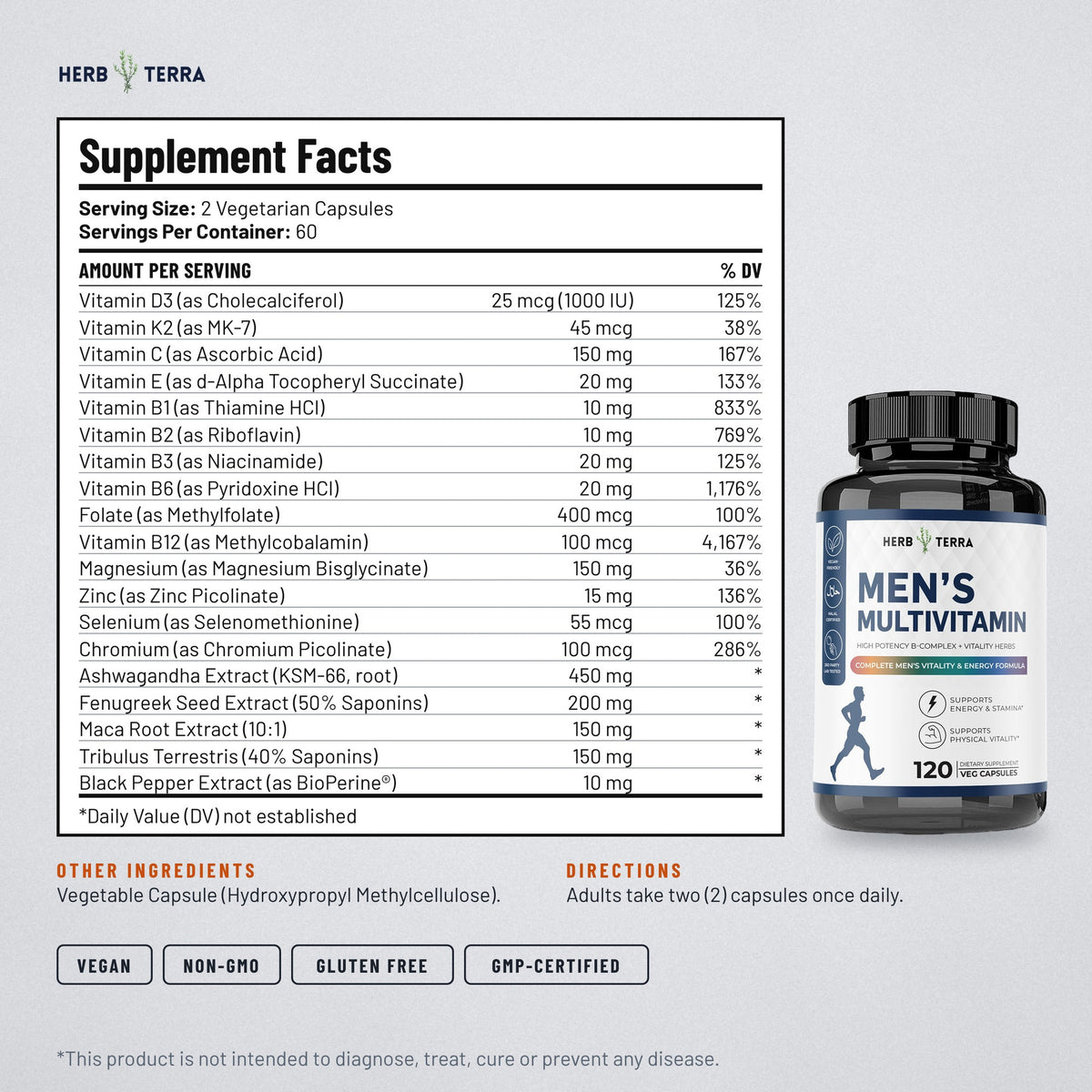 Herb Terra Men's Multivitamin, 120 Veg Capsules: supplement facts panel with other ingredients and directions