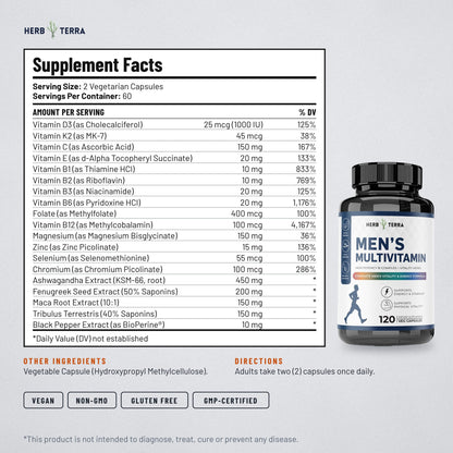 Herb Terra Men's Multivitamin, 120 Veg Capsules: supplement facts panel with other ingredients and directions