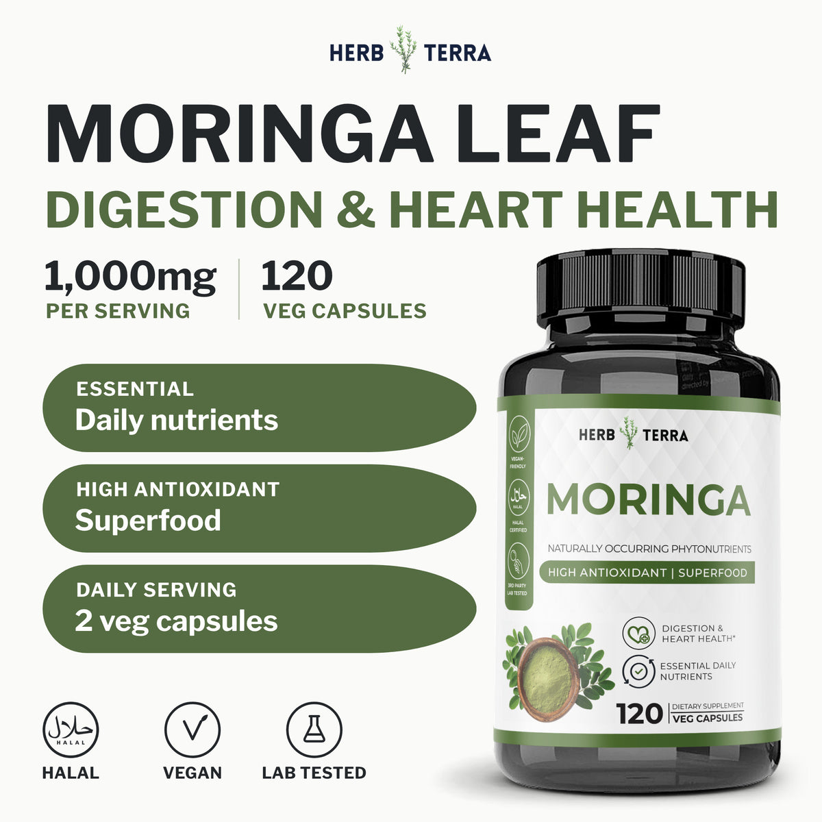 Herb Terra Moringa Leaf, 120 Veg Capsules: bottle front with 1,000 mg per serving and halal, vegan badges
