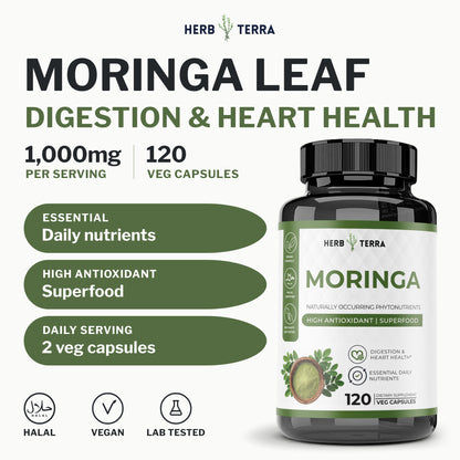 Herb Terra Moringa Leaf, 120 Veg Capsules: bottle front with 1,000 mg per serving and halal, vegan badges