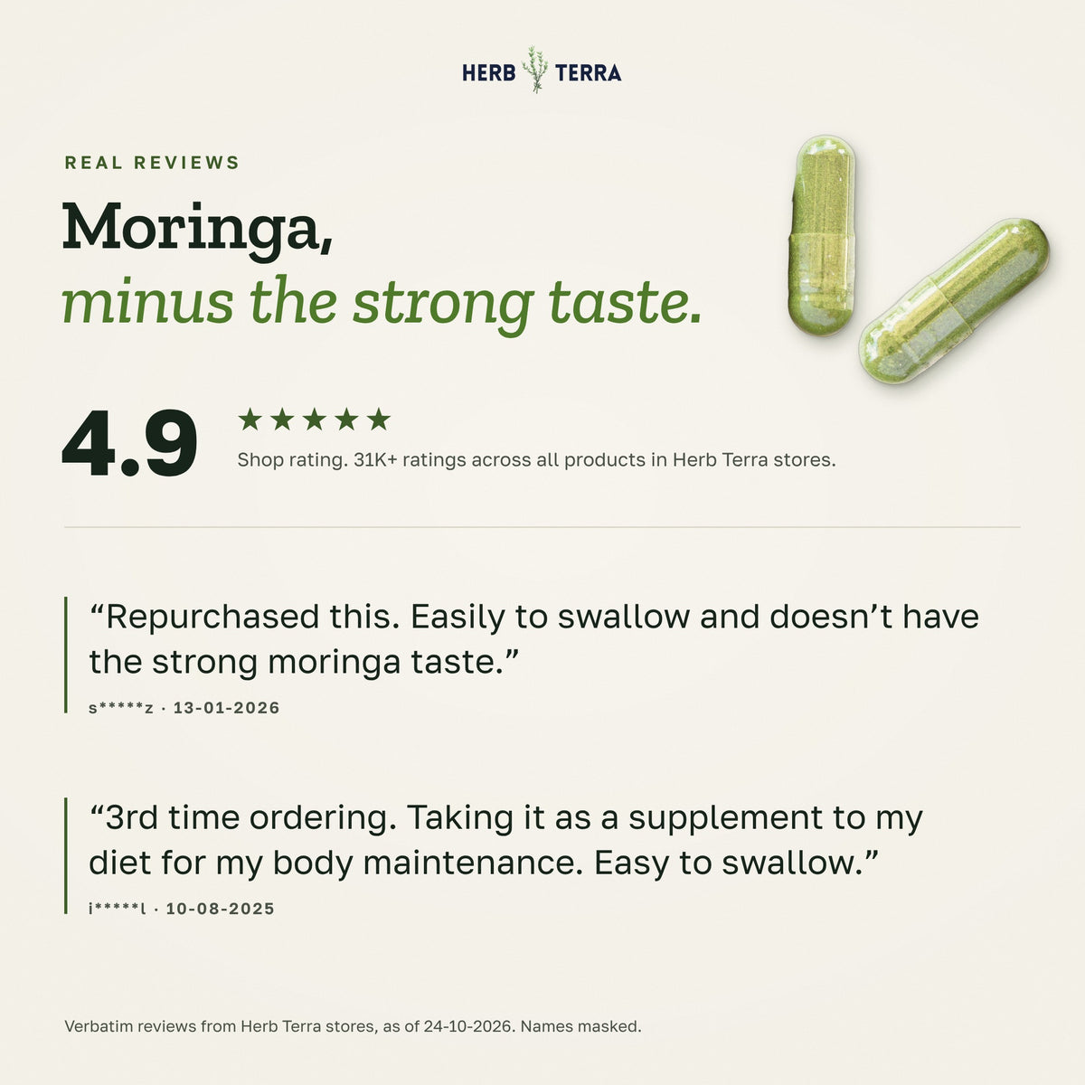 Herb Terra Moringa Leaf, 120 Veg Capsules: buyer reviews panel with green capsules
