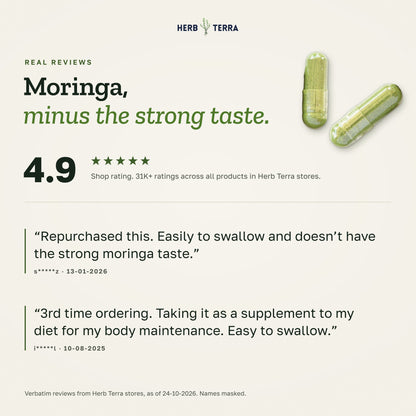 Herb Terra Moringa Leaf, 120 Veg Capsules: buyer reviews panel with green capsules