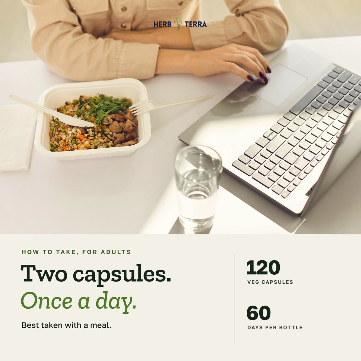 Herb Terra Moringa Leaf, 120 Veg Capsules: how to take, two capsules once a day with a meal, lunch at a desk