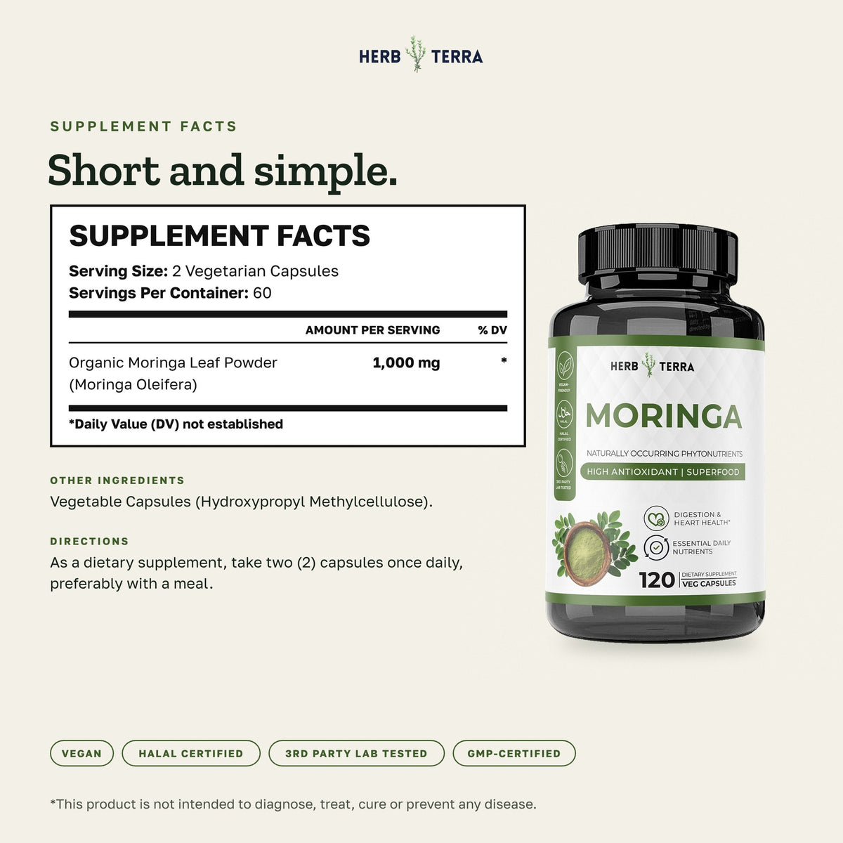 Herb Terra Moringa Leaf, 120 Veg Capsules: supplement facts panel with other ingredients and directions