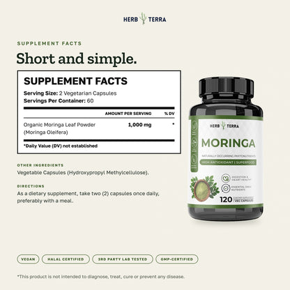 Herb Terra Moringa Leaf, 120 Veg Capsules: supplement facts panel with other ingredients and directions