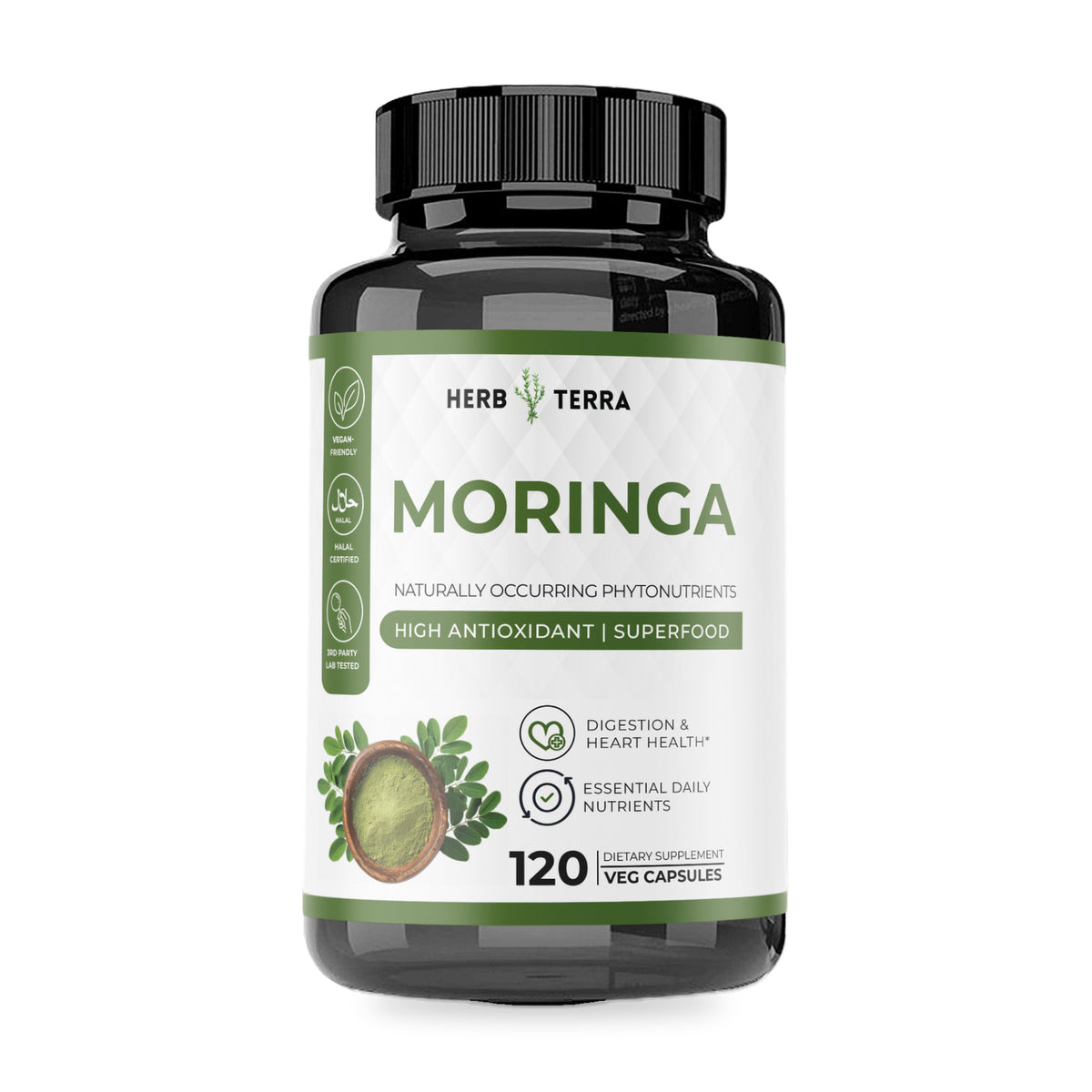 Herb Terra Moringa Leaf, 120 Veg Capsules: bottle front on white background