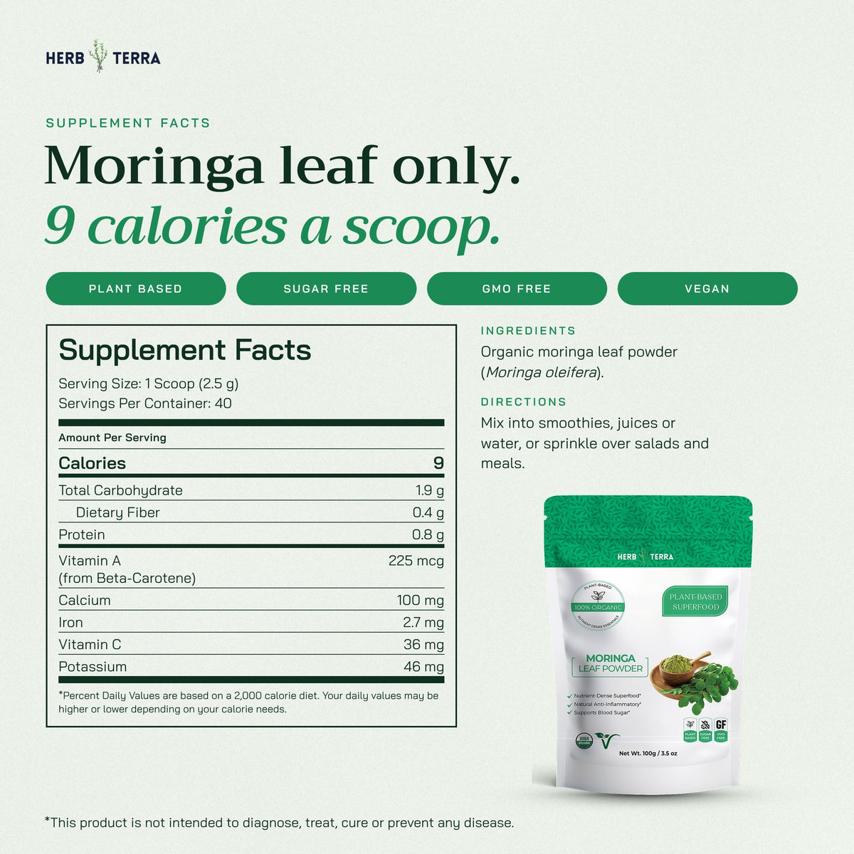 Herb Terra Moringa Leaf Powder, 100 g Pouch: supplement facts panel with ingredients and directions