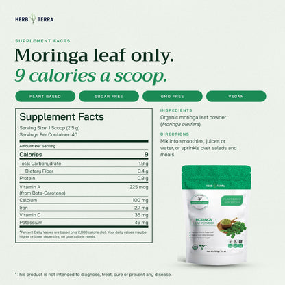 Herb Terra Moringa Leaf Powder, 100 g Pouch: supplement facts panel with ingredients and directions