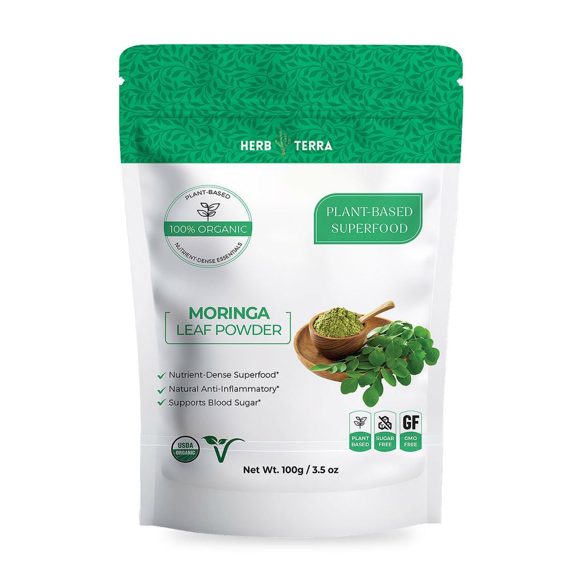 Herb Terra Moringa Leaf Powder, 100 g Pouch: pouch front on white background