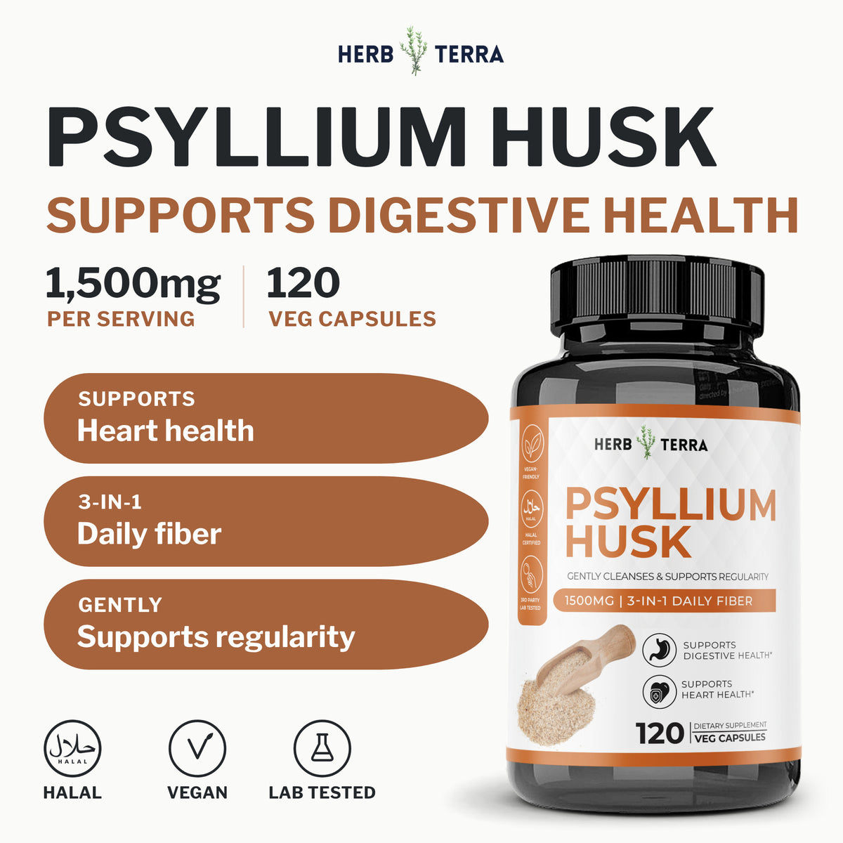 Herb Terra Psyllium Husk 120 Veg Capsules: front cover with bottle, 1,500 mg per serving and halal, vegan, lab tested icons