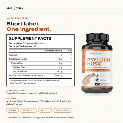 Herb Terra Psyllium Husk 120 Veg Capsules: supplement facts panel, other ingredients and directions