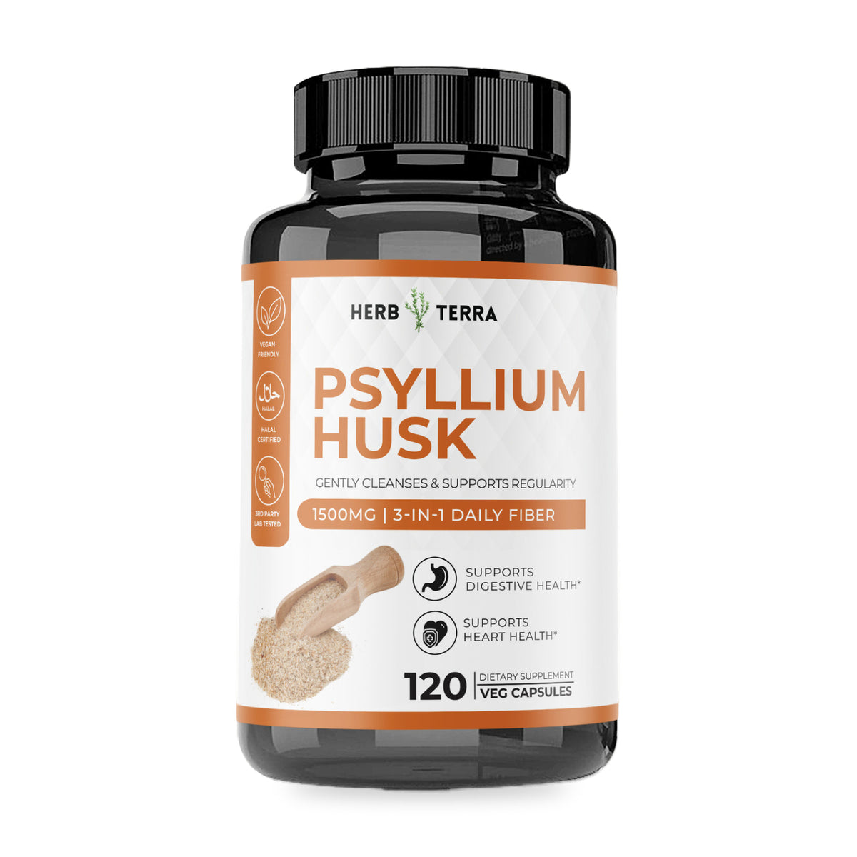 Herb Terra Psyllium Husk 120 Veg Capsules: bottle front on white background