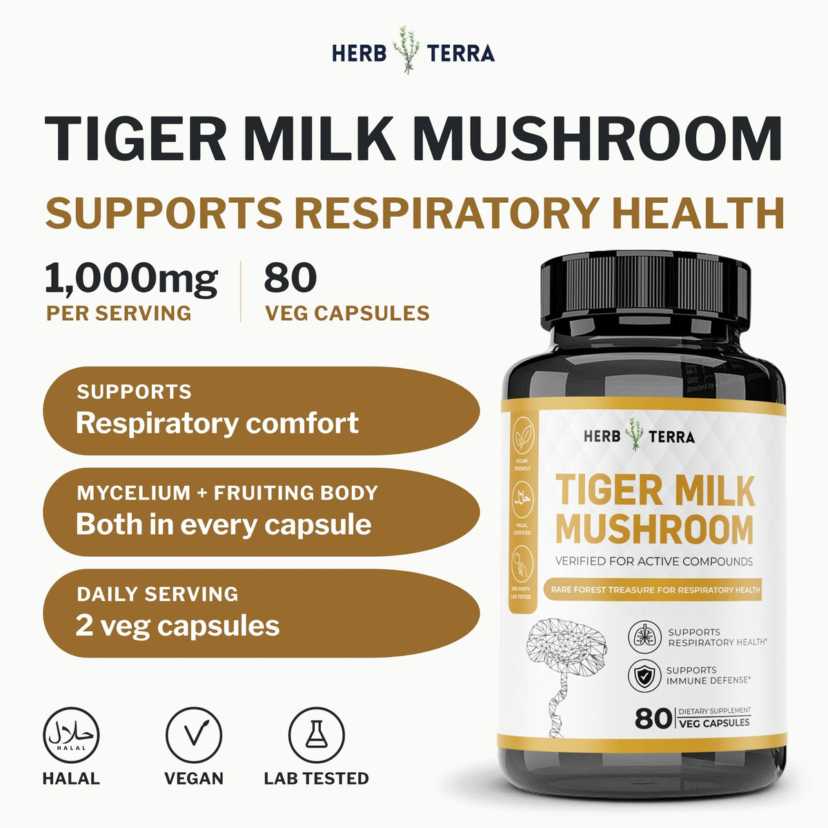 Herb Terra Tiger Milk Mushroom 80 Veg Capsules: front cover with bottle, 1,000 mg per serving and halal, vegan icons