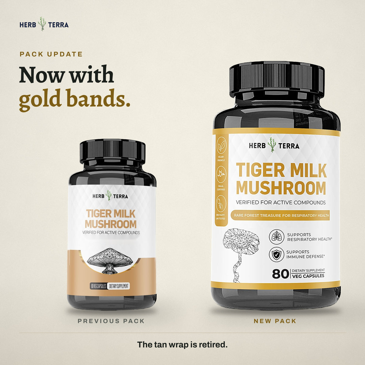 Herb Terra Tiger Milk Mushroom 80 Veg Capsules: previous tan pack and new pack with gold bands side by side