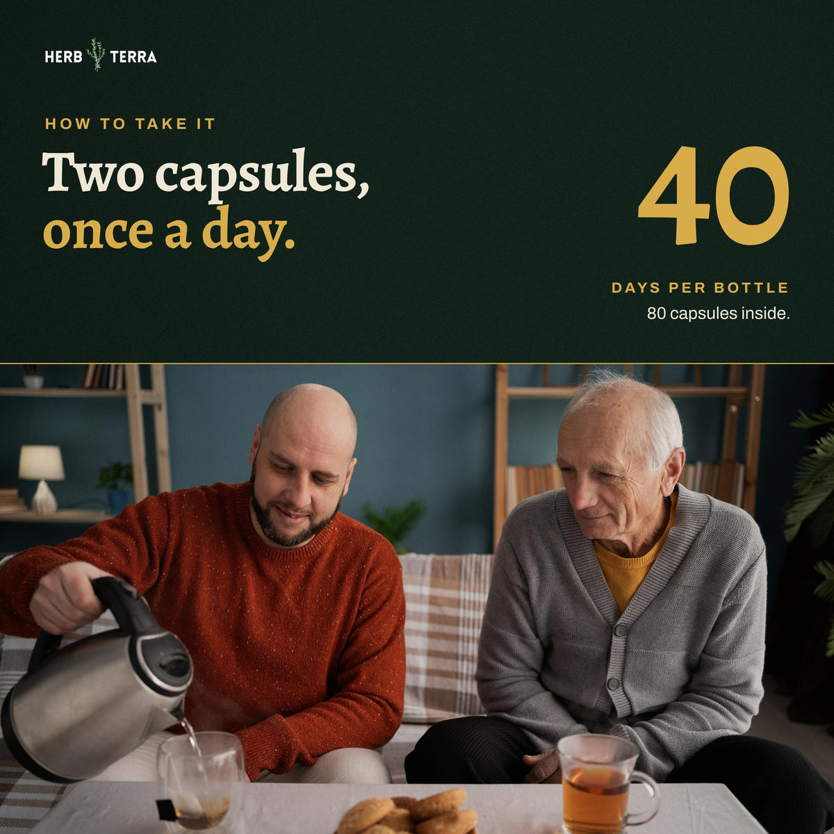 Herb Terra Tiger Milk Mushroom 80 Veg Capsules: how to take, two capsules once a day, two men at home with tea