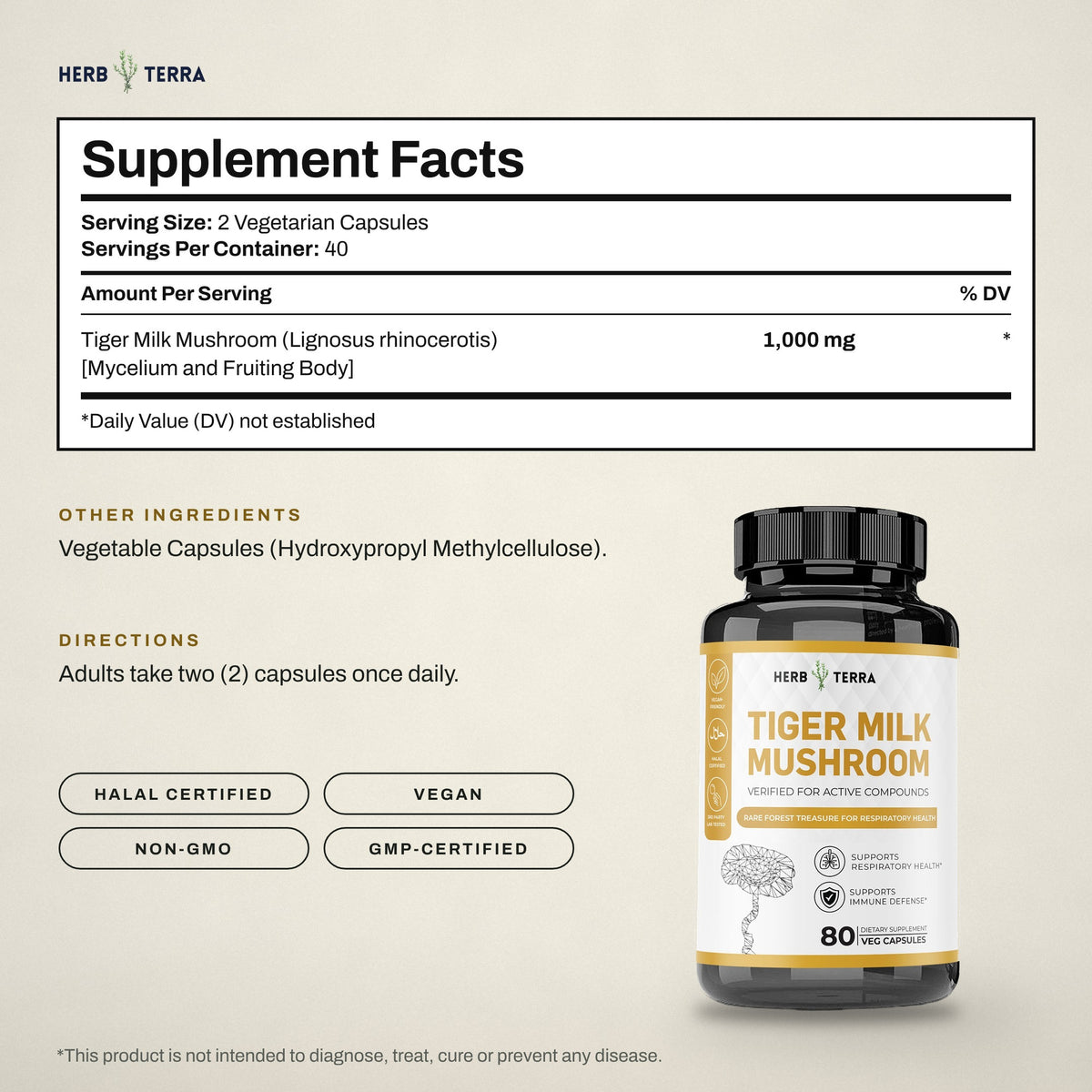 Herb Terra Tiger Milk Mushroom 80 Veg Capsules: supplement facts panel, other ingredients and directions