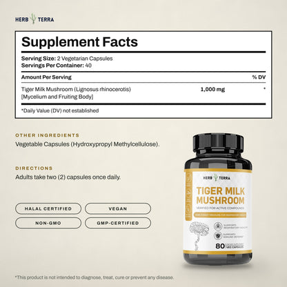 Herb Terra Tiger Milk Mushroom 80 Veg Capsules: supplement facts panel, other ingredients and directions