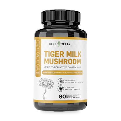 Herb Terra Tiger Milk Mushroom 80 Veg Capsules: bottle front on white background