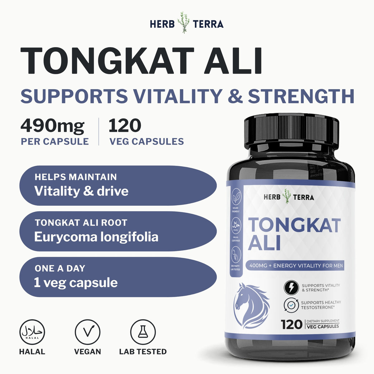 Herb Terra Tongkat Ali 120 Veg Capsules: front cover with bottle, 490 mg per capsule and halal, vegan, lab tested icons