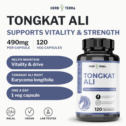 Herb Terra Tongkat Ali 120 Veg Capsules: front cover with bottle, 490 mg per capsule and halal, vegan, lab tested icons