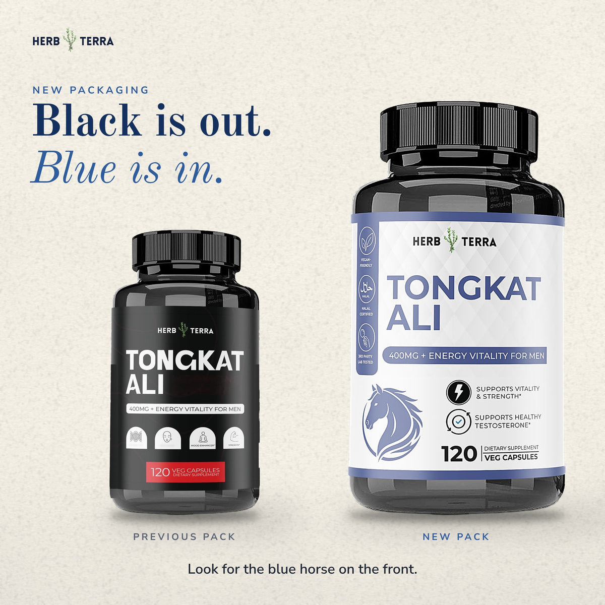 Herb Terra Tongkat Ali 120 Veg Capsules: previous black pack and new blue pack side by side