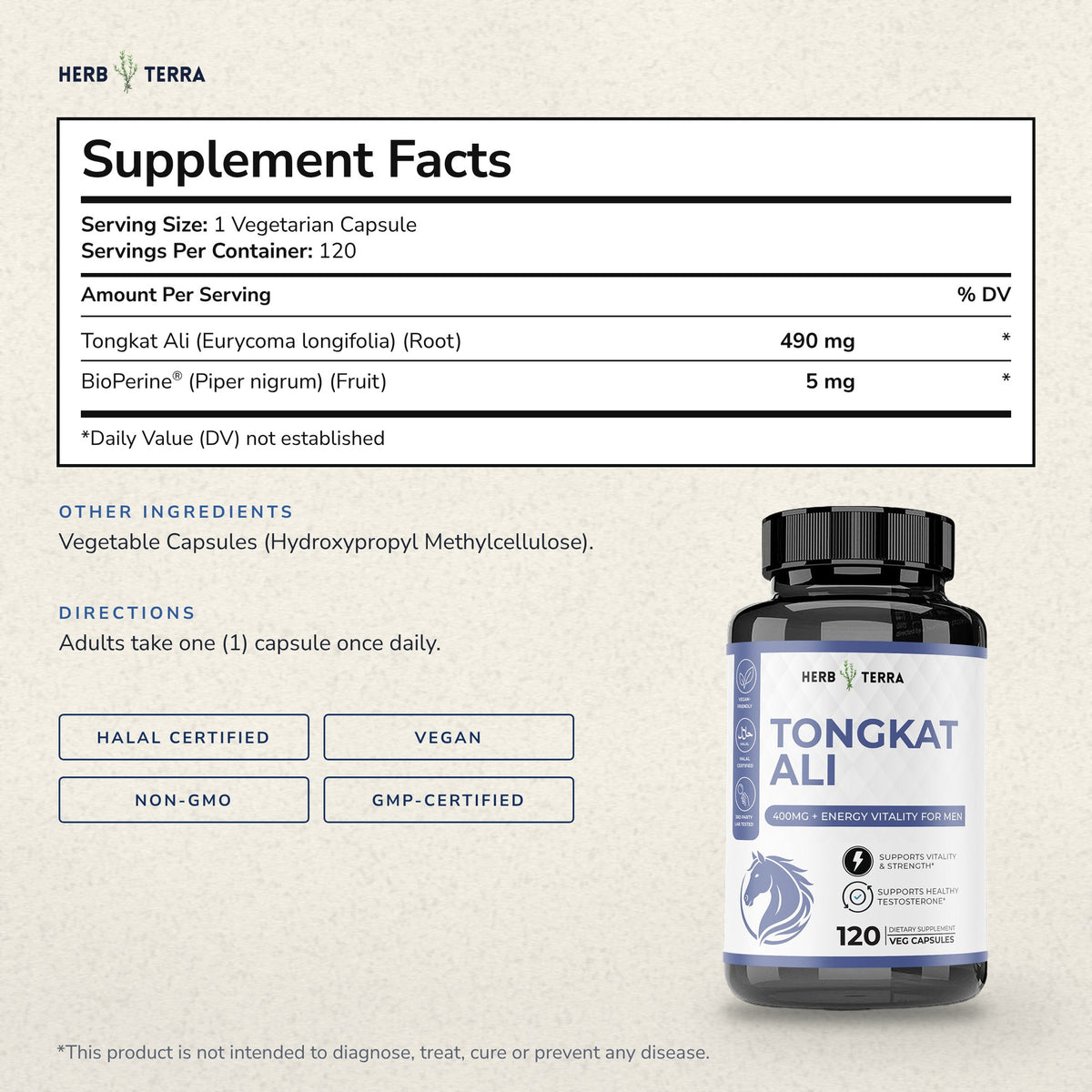 Herb Terra Tongkat Ali 120 Veg Capsules: supplement facts panel, other ingredients and directions