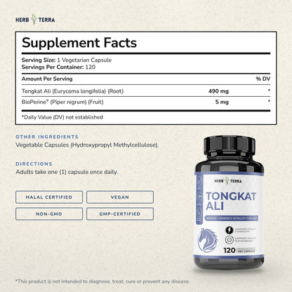 Herb Terra Tongkat Ali 120 Veg Capsules: supplement facts panel, other ingredients and directions