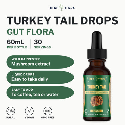 Herb Terra Turkey Tail Mushroom Drops 60 mL: front cover with dropper bottle, 60 mL, 30 servings and halal, vegan icons