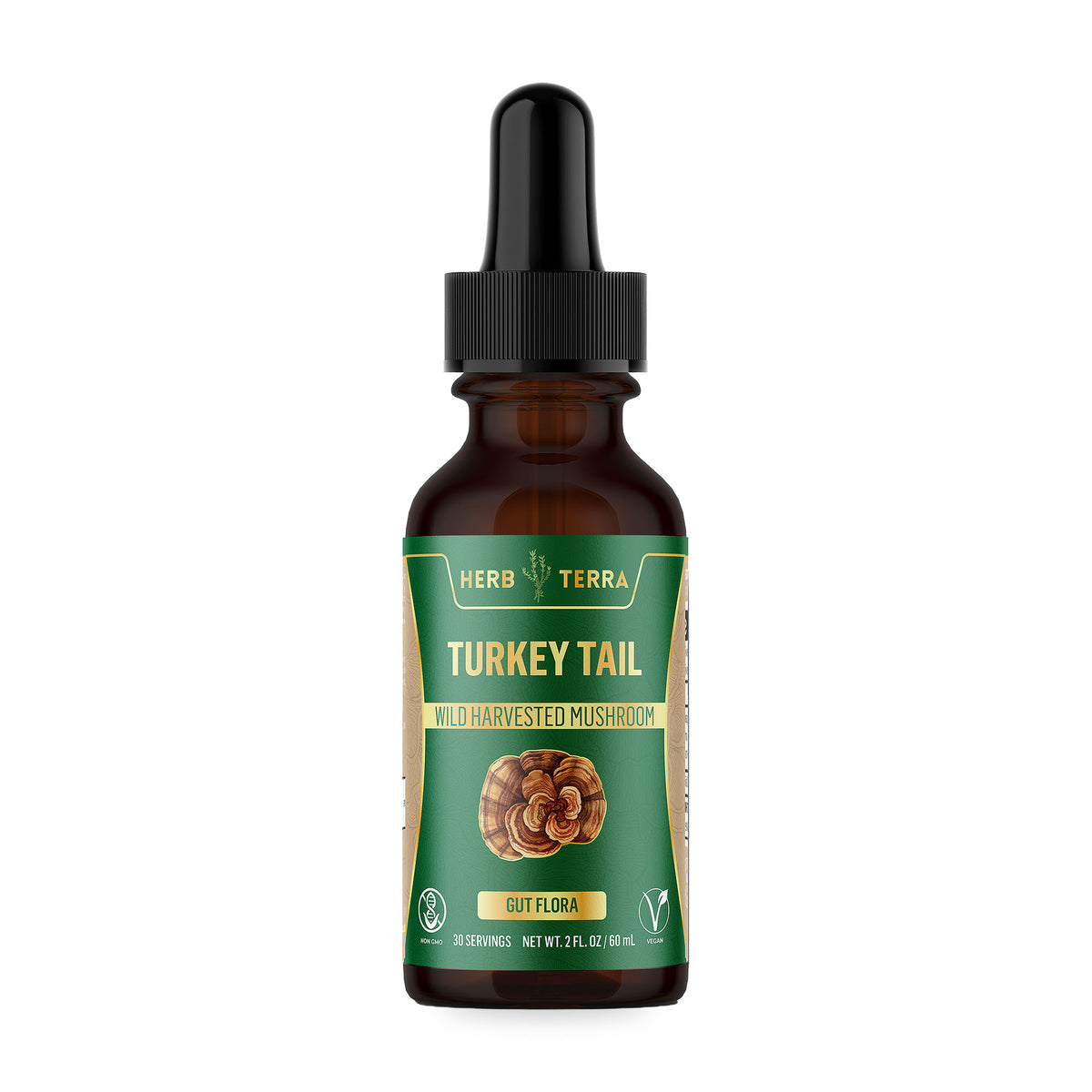 Herb Terra Turkey Tail Mushroom Drops 60 mL: bottle front on white background