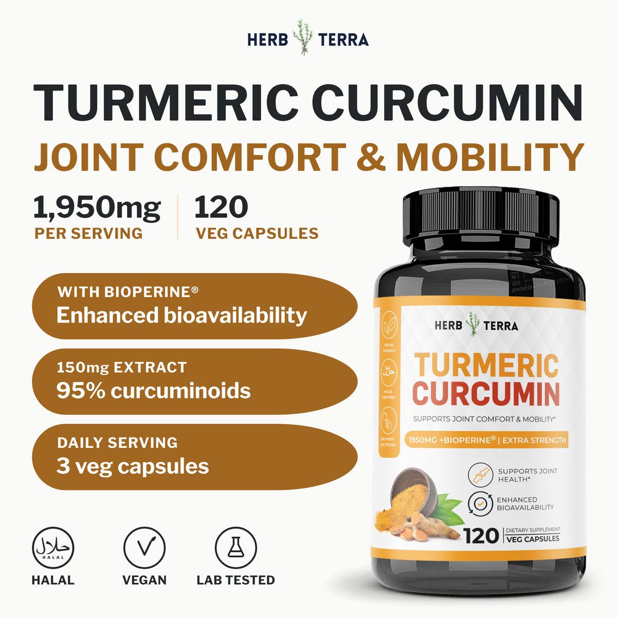 Herb Terra Turmeric Curcumin with BioPerine 120 Veg Capsules: front cover with bottle, 1,950 mg per serving and badges